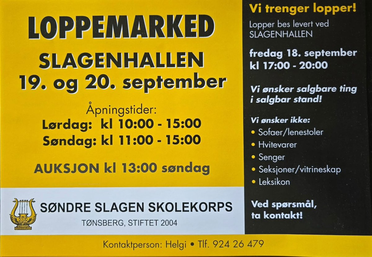 Søndre Slagen skolekorps - Loppemarked 19. og 20. september 2026
